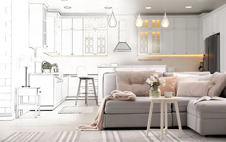 Modern kitchen and living room design sketch.