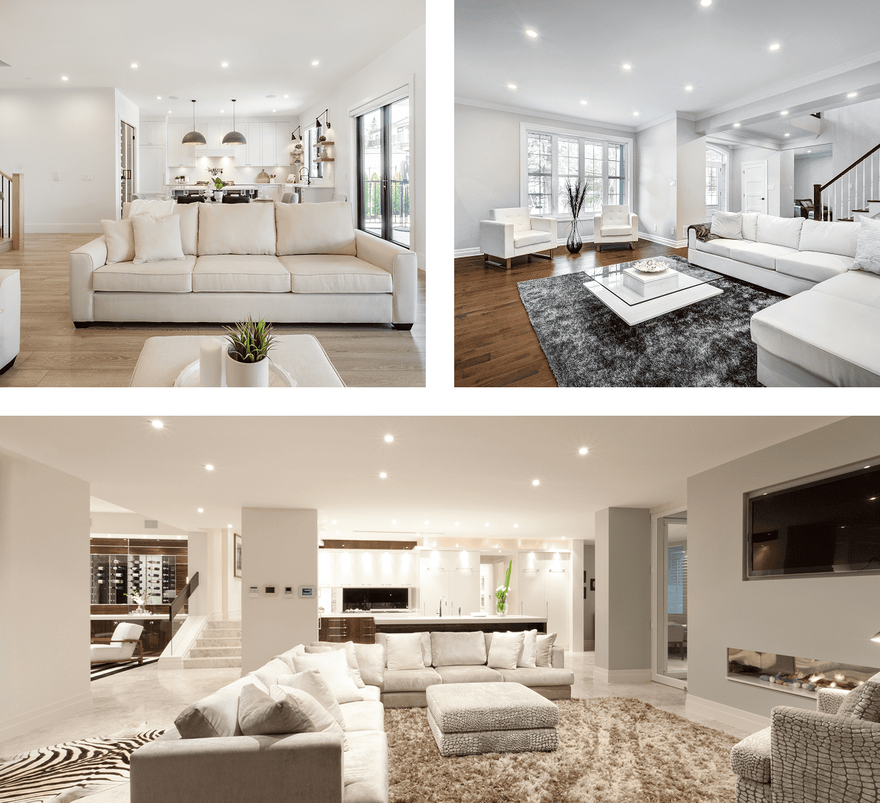 Elegant modern living rooms with neutral tones and stylish decor.