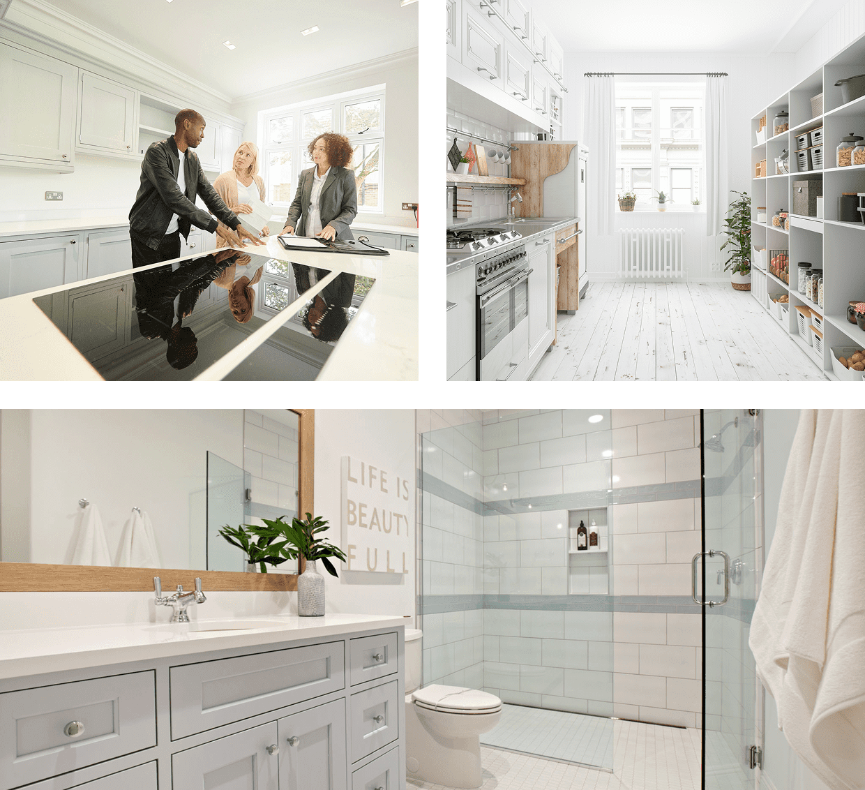 Modern kitchen and bathroom interiors with sleek design and light color palette.